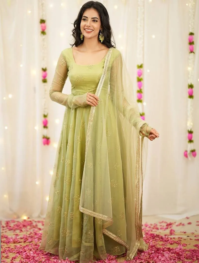 Light Green Embroidery Bids Full Stitched Anarkali Suit